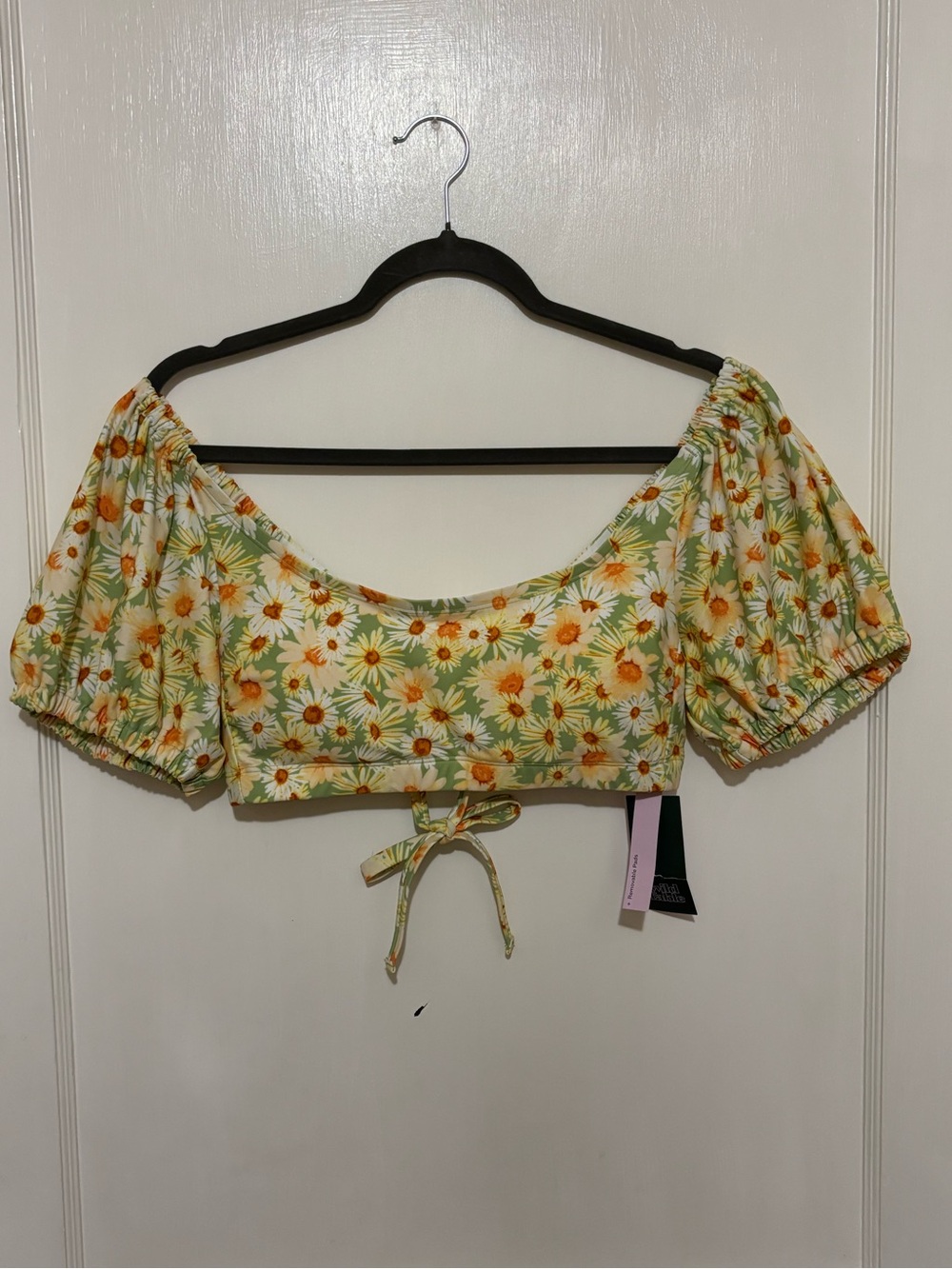 Target Daisy-Print Puff Sleeve Crop Top - White, Green & Yellow
